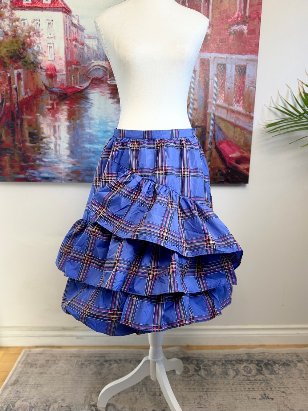 Maeve Anthropologie Blue Plaid Tiered Ruffle High Low Statement Skirt US 6